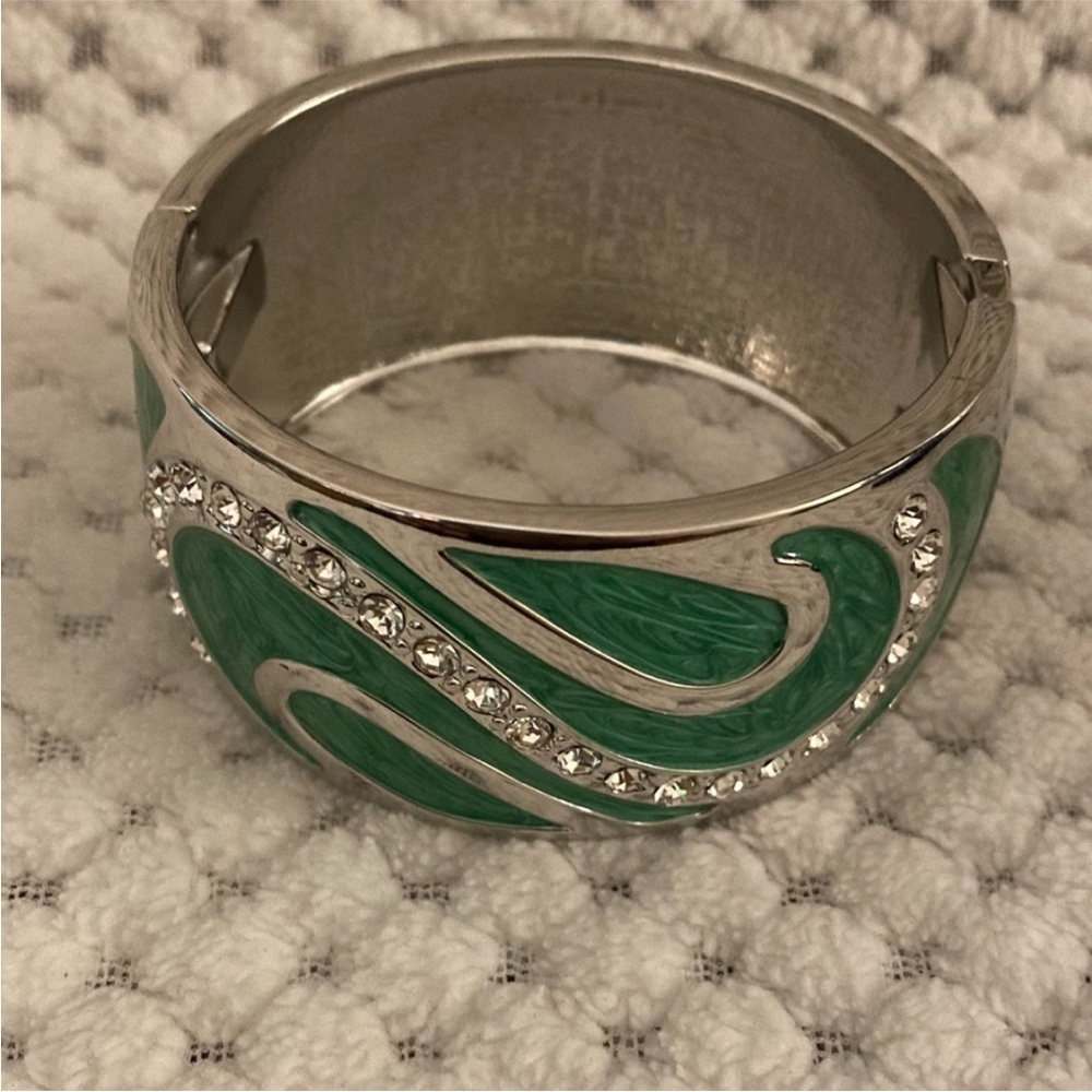 Silvertone Green Enameled Bangle Bracelet with White Austrian Crystals - Picture 3 of 12